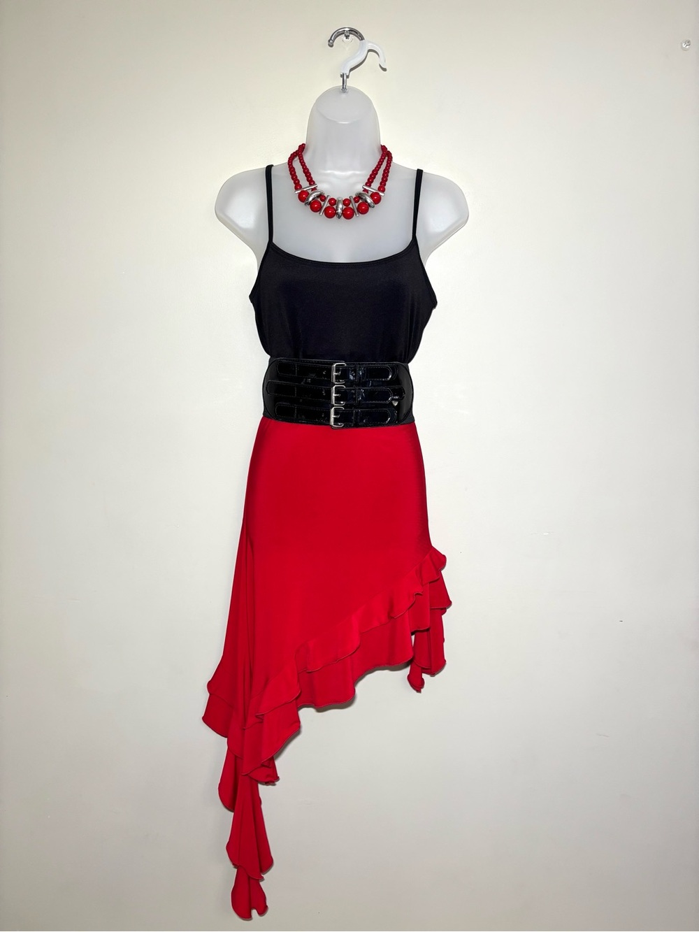 Red Convertible Ruffle Flounce High Low Skirt Strapless Top Latin Dance 1X NWT